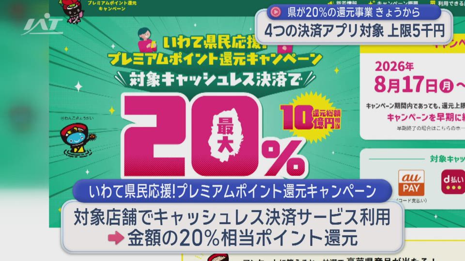 キャッシュレス決済で最大２０％還元【岩手】
