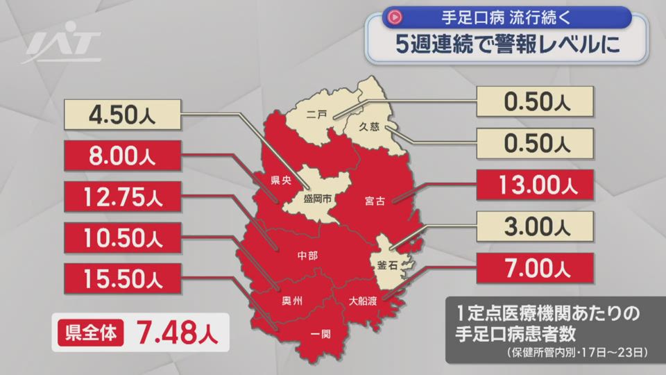 手足口病　５週連続で「警報」レベル【岩手】