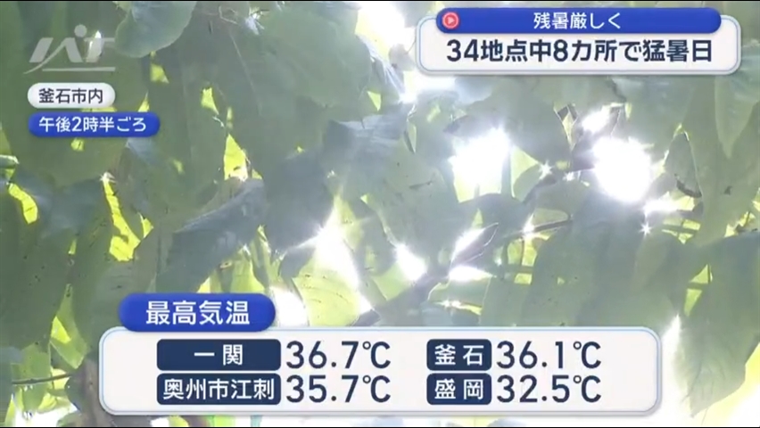 猛暑日８か所・・・残暑厳しく【岩手】