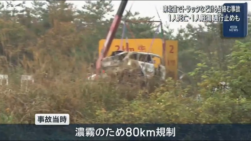 東北道６台絡む事故　１人死亡【岩手】