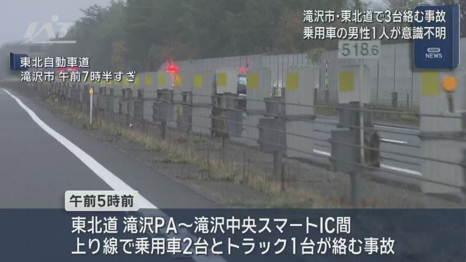 東北自動車道で３台が絡む事故　１人が意識不明【岩手】
