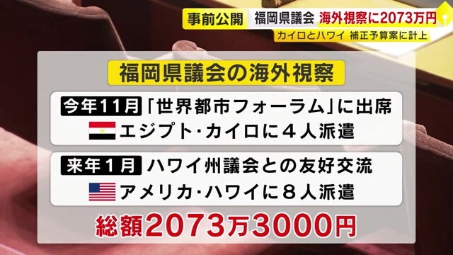 福岡県議会の海外視察　２件で2073万円を計上　カイロとハワイへ　県の９月補正予算案105億円