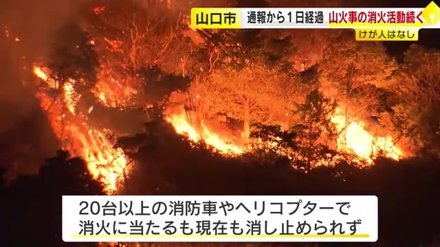 丸1日たっても鎮火せず…山口市の山火事「草刈りで集めた草から煙」の情報も　約50ヘクタール焼き消火活動続く