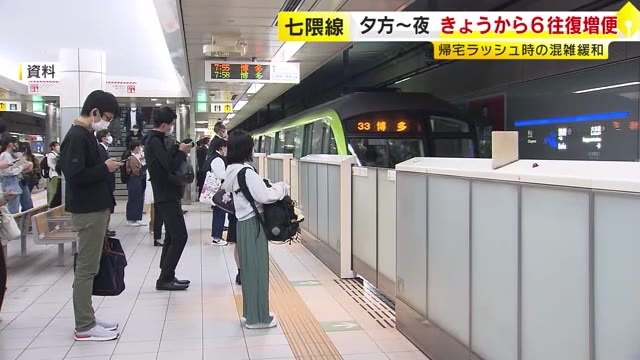 混雑率120%→100%程度に緩和へ　4日から地下鉄七隈線が帰宅ラッシュ時に上下6便増便　博多駅延伸で利用客が増加　福岡市