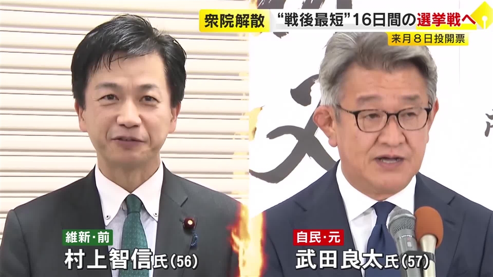 福岡11区は維新・村上氏と自民・武田氏の与党対決　衆議院解散で“戦後最短”16日間の選挙戦へ　2月8日投開票