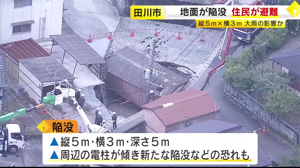 地面が縦５m横３mにわたり陥没 バイク１台が落下  住民が避難  大雨の影響か　福岡・田川市