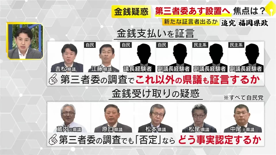金銭授受疑惑を調査　新たな証言者は出てくるか　受け取り疑惑5人の証言は　福岡県議会が第三者委員会を設置へ 　“ガチンコ”議会では「ワンへルス」「第三者委」に知事が答弁