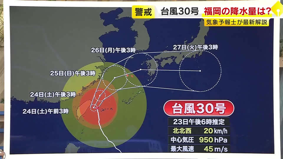 【台風30号】福岡の予想を詳しく…大雨や土砂災害に警戒を　最接近する月曜日にかけて雨が強まる予想　雨量は150ミリ前後か　気象予報士解説